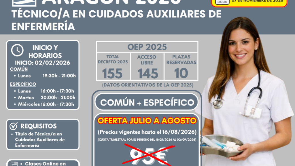 OFERTA JULIO A AGOSTO 2026 – OPOSICIONES IASS ARAGÓN 2026 🎉🩺 TÉCNICO/A EN CUIDADOS AUXILIARES DE ENFERMERÍA