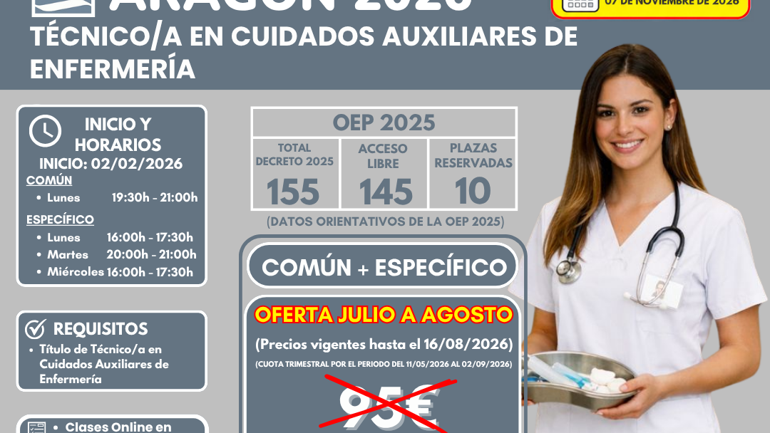 OFERTA JULIO A AGOSTO 2026 – OPOSICIONES IASS ARAGÓN 2026 🎉🩺 TÉCNICO/A EN CUIDADOS AUXILIARES DE ENFERMERÍA