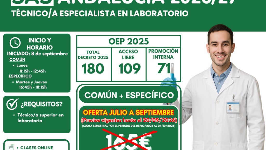 OFERTA JULIO A SEPTIEMBRE 2026 – OPOSICIONES SAS ANDALUCÍA 2026/27 🎉🧪 TÉCNICO/A ESPECIALISTA EN LABORATORIO
