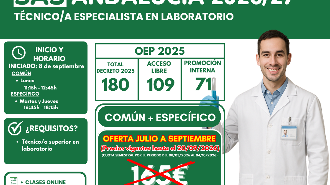 OFERTA JULIO A SEPTIEMBRE 2026 – OPOSICIONES SAS ANDALUCÍA 2026/27 🎉🧪 TÉCNICO/A ESPECIALISTA EN LABORATORIO