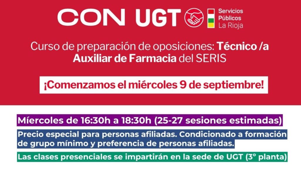 UGT prepara oposiciones de Técnica/o Auxiliar de Farmacia (TAF) del SERIS