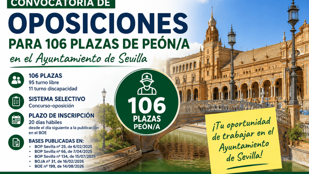 Convocatoria de oposiciones para 106 plazas de Peón/a en el Ayuntamiento de Sevilla