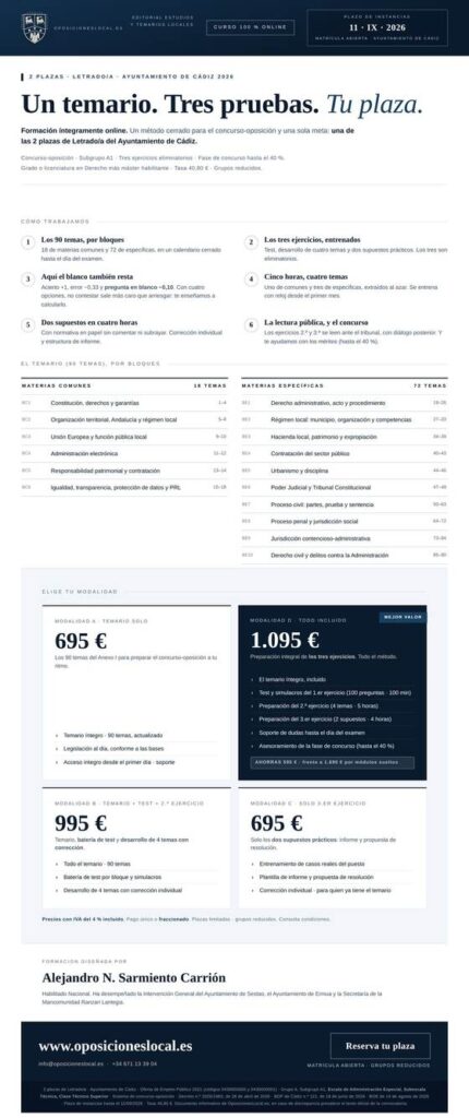 Curso oposiciones Letrado/a del Ayuntamiento de Cádiz 2026 (2 plazas, A1)