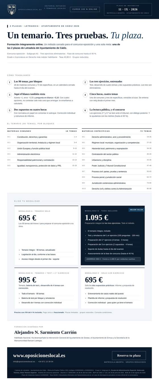 Curso oposiciones Letrado/a del Ayuntamiento de Cádiz 2026 (2 plazas, A1)