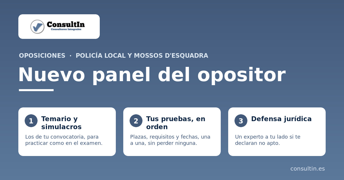 Oposiciones a policía local y Mossos: nuevo panel del opositor con temario, simulacros y defensa jurídica